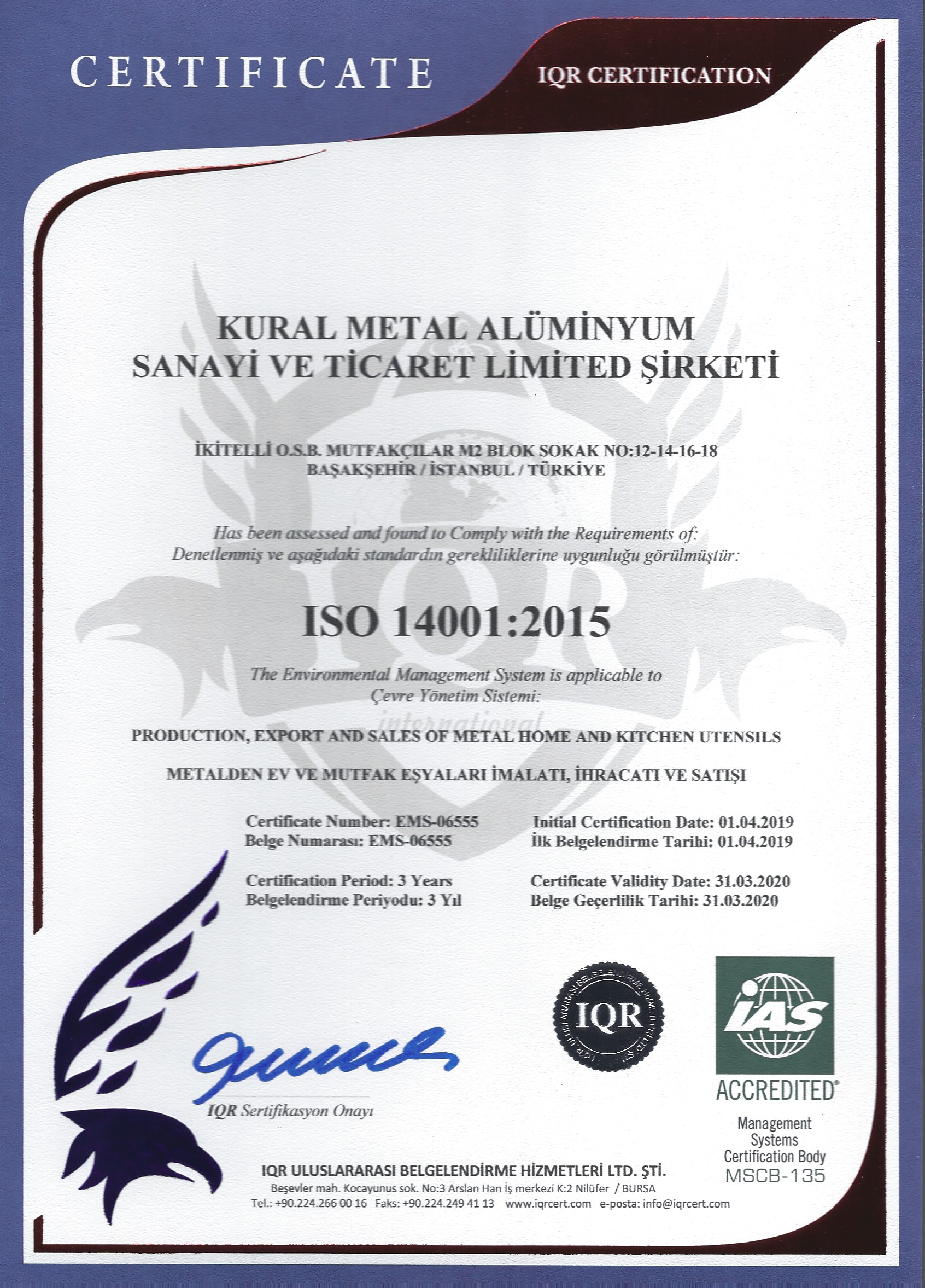Brioni ISO 9001:2015 Kalite Yönetim Sistemi Sertifikası 
