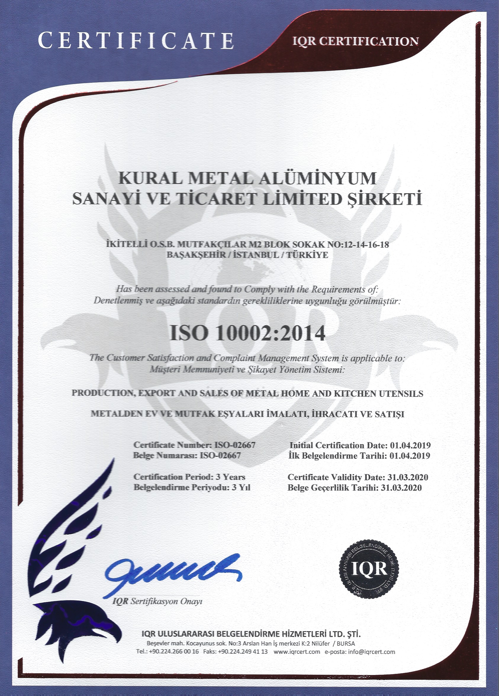 brioni ISO 10002:2014 musteri memnuniyeti ve sikayet yonetimi sertifikasi