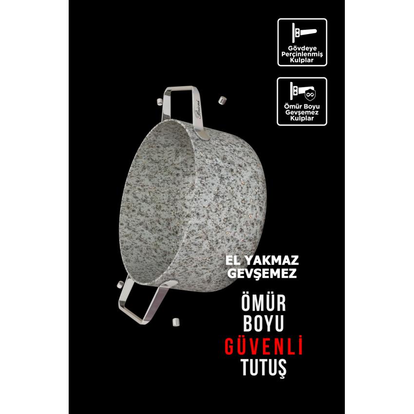 Stone-Age 3 Parça 30cm Basık- 30cm Tava Çizilmez Yanmaz Yapışmaz Kombin Tencere Tava Seti